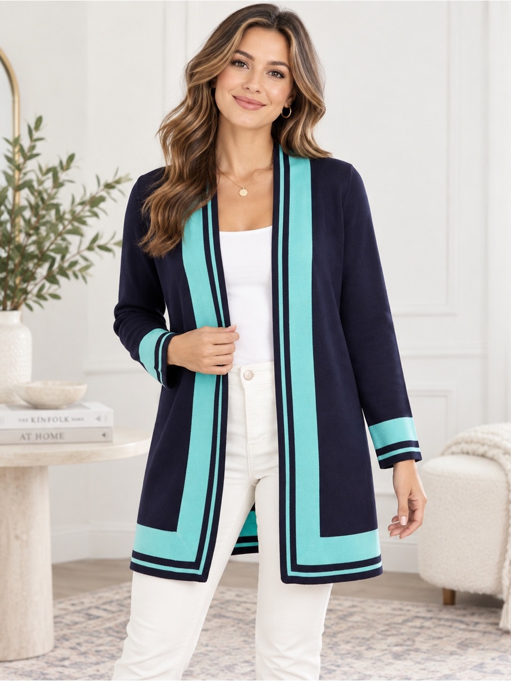 Chico’s Travelers 1 Medium Open Front Cardigan Teal Blue Black Sweater Stretch